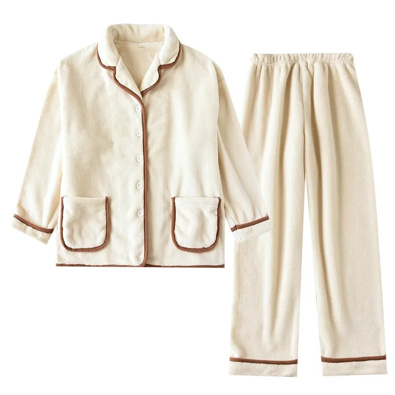 Thick Coral Fleece Pajamas Long Sleeve Couple Style Home Clothes Men Women Large Size Flannel Sleepwear Winter Warm Set