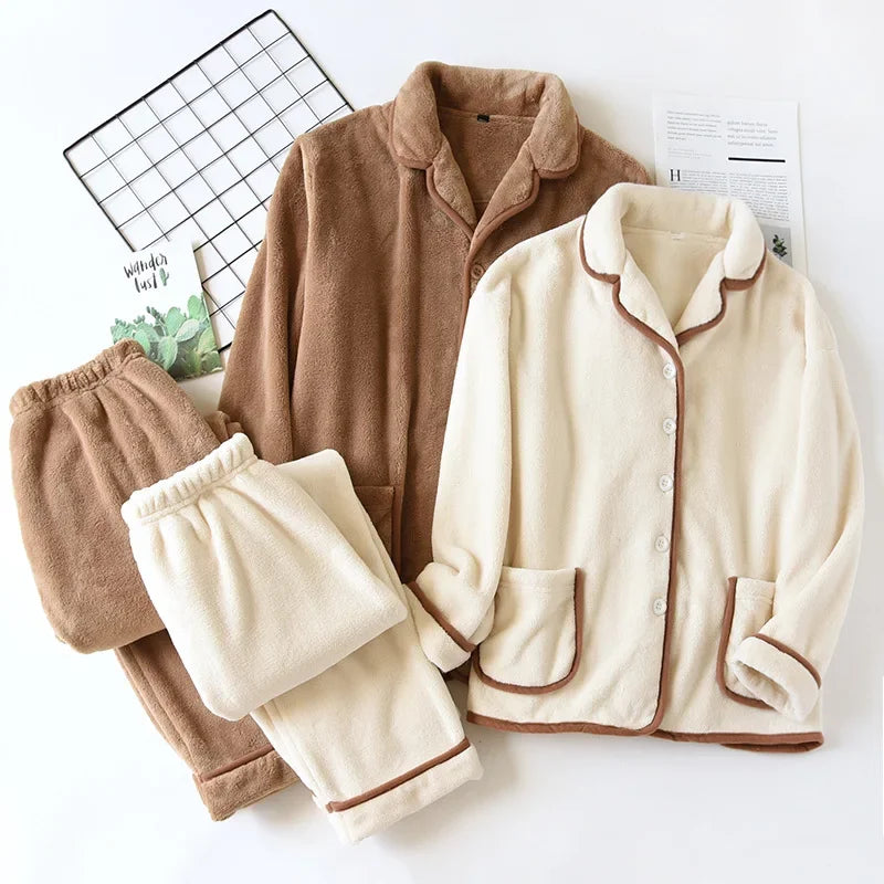 Thick Coral Fleece Pajamas Long Sleeve Couple Style Home Clothes Men Women Large Size Flannel Sleepwear Winter Warm Set